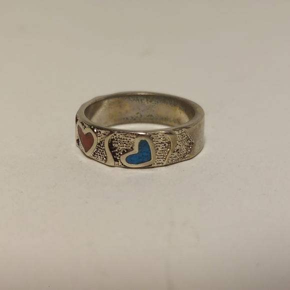 Vintage Silver Ring Crushed Turquoise & Coral Hearts Ring Size 7 Signed - Picture 6 of 11